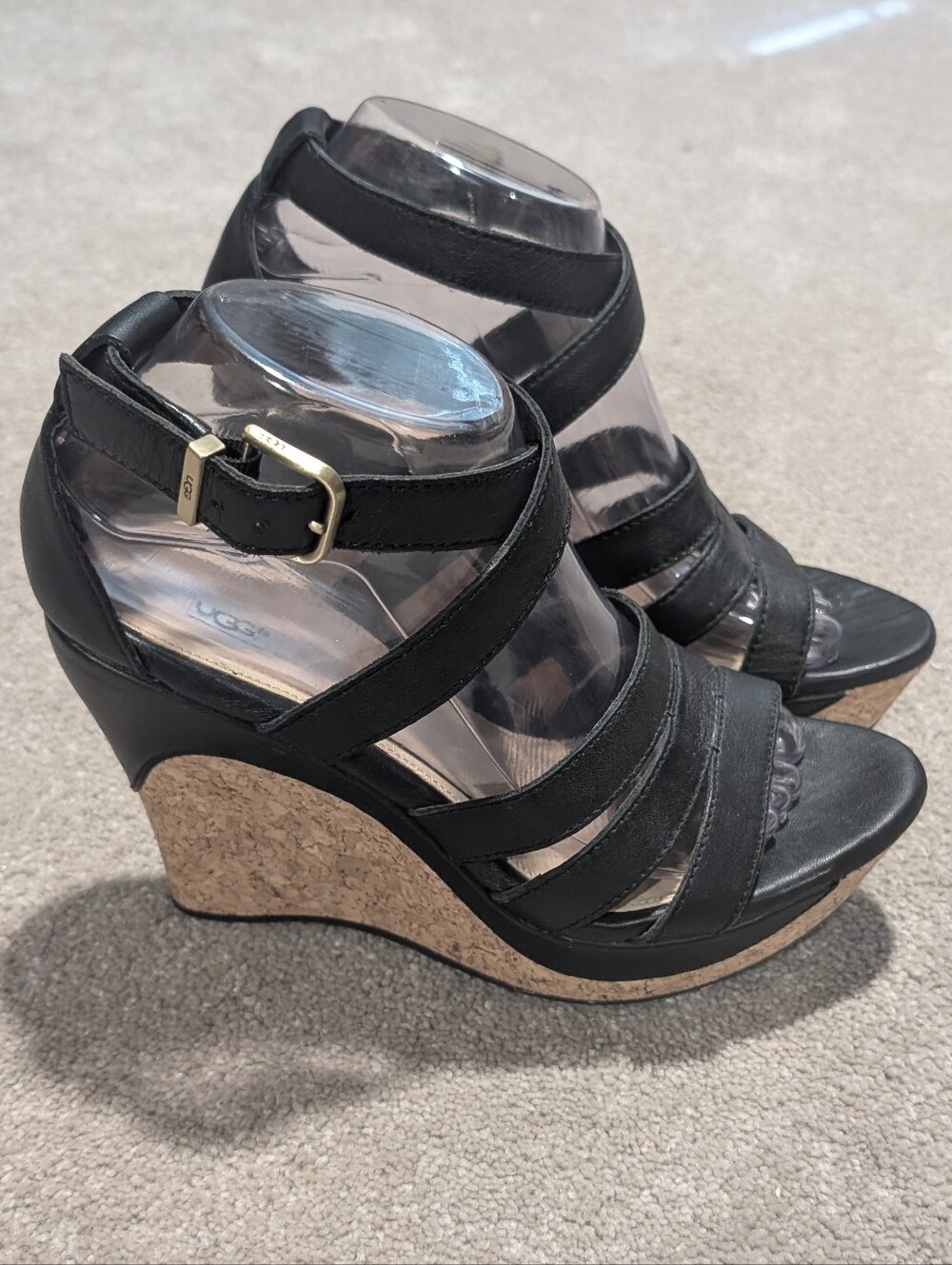 UGG Strappy Black Leather Cork Wedge Heel Sandals with Gold Buckle